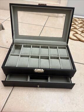 Leather Jewelry and Watch Organizer Box in Black